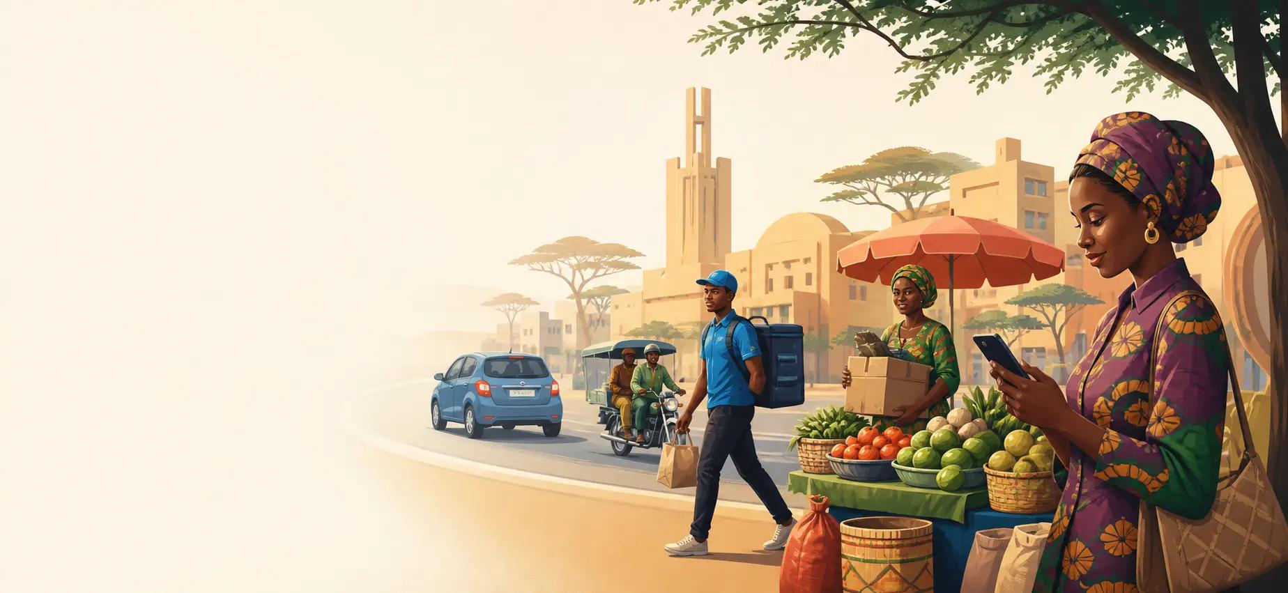 Scène de vie à N’Djamena réunissant marché, restaurant, transport et livraison